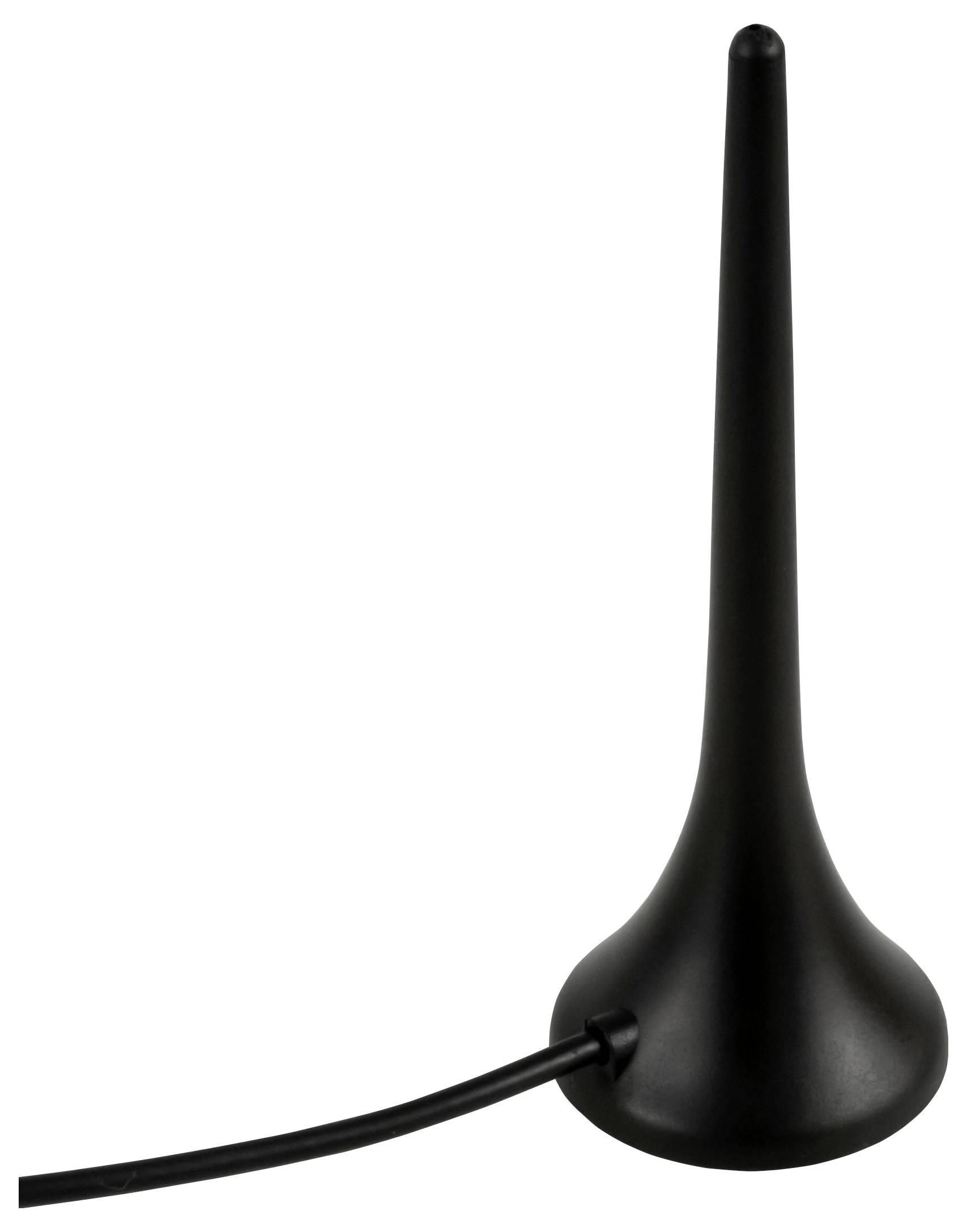Schwarze kegelförmige Antenne mit langem vertikalem Mast und angeschlossenem Kabel auf weißem Hintergrund.