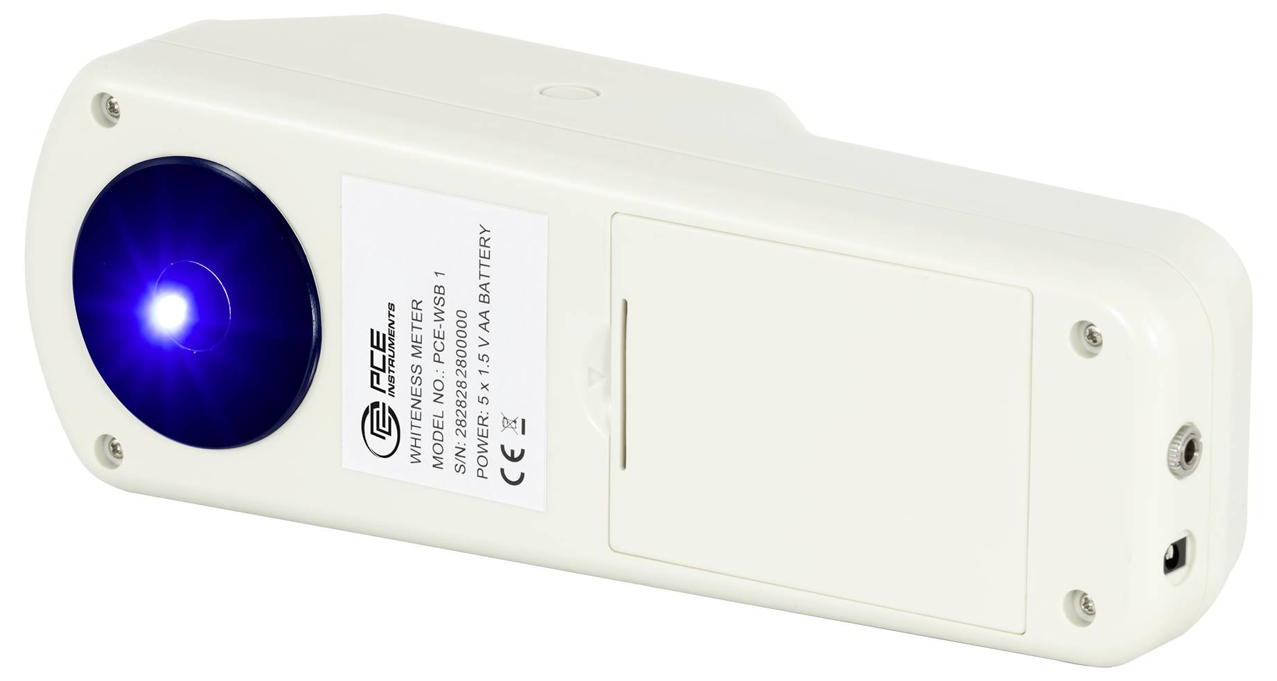 Weißes tragbares elektronisches Gerät mit einem blauen Licht an einem Ende, wahrscheinlich ein Feuchtemessgerät oder Sensor, vor weißem Hintergrund.