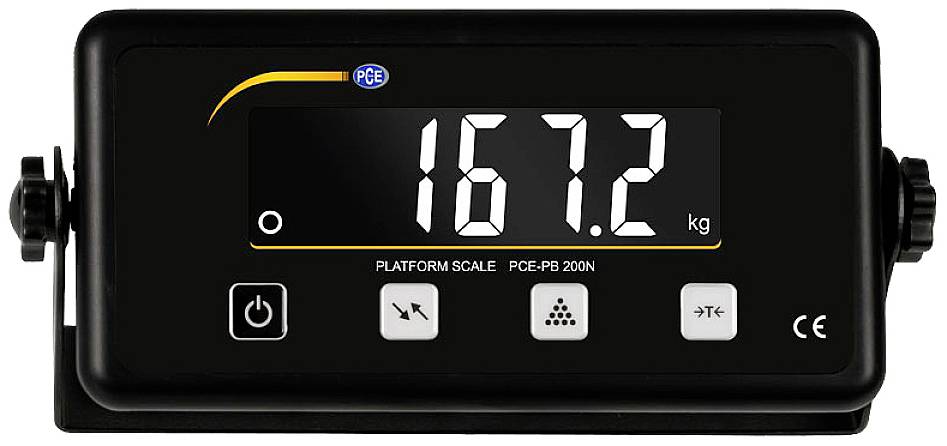 Digitale Anzeige einer Waage zeigt '167,2 kg'. Vier Drucktasten darunter: Ein/Aus, Tara, Einheiten, Drucken.