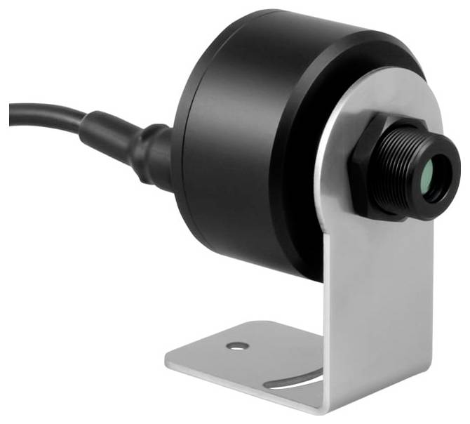 Schwarzer zylindrischer Sensor oder eine schwarze zylindrische Kamera auf einer silbernen L-Halterung mit angeschlossenem Kabel, abgebildet auf weißem Hintergrund.