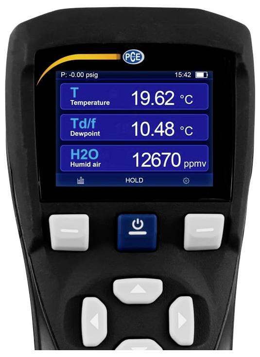 Tragbares PCE-Feuchtemessgerät-Display zeigt eine Temperatur von 19,62 °C, einen Taupunkt von 10,48 °C und eine Luftfeuchte von 12670 ppmv an.