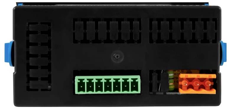 Schwarzes elektronisches Steuermodul mit beschrifteten Anschlussanschlüssen, einschließlich einer grünen mehrpoligen Buchse und einer orangefarbenen Buchse auf der Vorderseite.