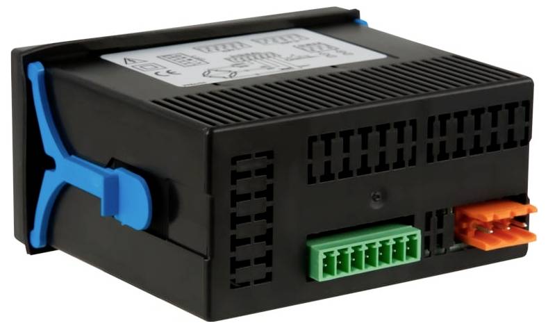 Schwarzes elektronisches Steuermodul mit blauer Seitenklinke und grünen und orangefarbenen Anschlüssen an der Vorderseite.