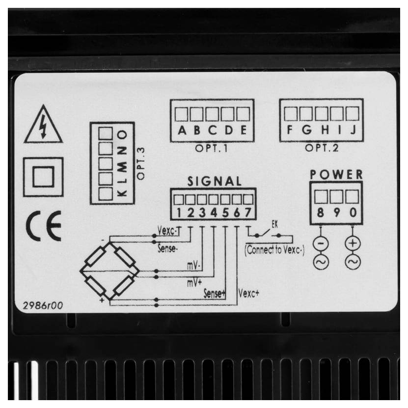 Beschriftungsdiagramm für ein elektronisches Modul mit Anschlussbezeichnungen für OPT.1, OPT.2, OPT.3, SIGNAL und POWER-Verbindungen.