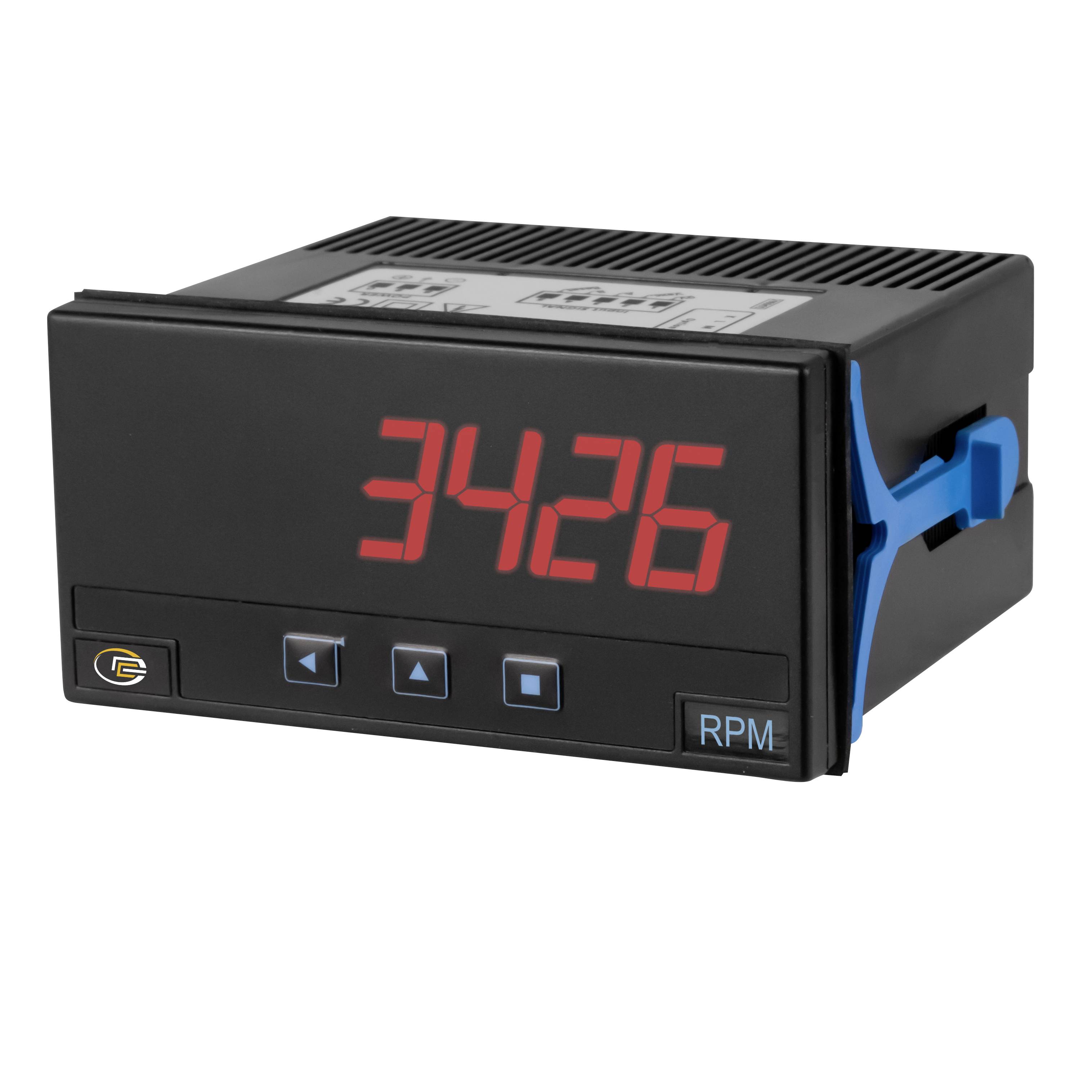 Digitales schwarzes Drehzahlmessgerät mit Anzeige von 3426 auf rotem LED-Display, mit vorderen Bedienungstasten und blauem Seitenclip zur Panelmontage