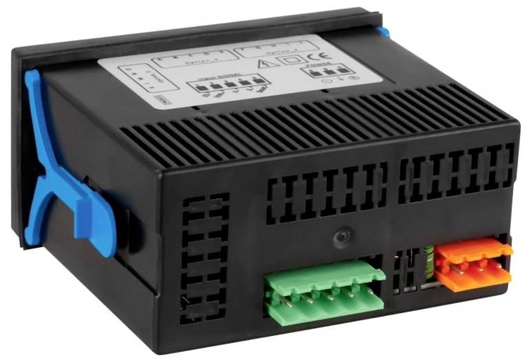 Schwarzes elektronisches Steuermodul mit belüftetem Gehäuse und blauen Seitenklemmen, auf der Vorderseite grüne und orangefarbene Anschlussklemmen zeigend.