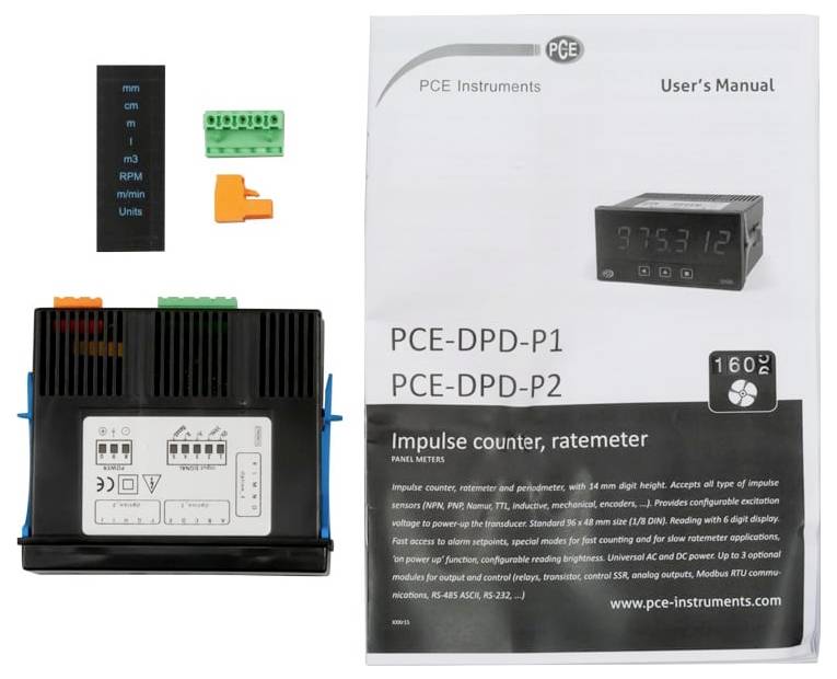 PCE Instruments Impulszähler/Ratenmessgerät-Set mit Anzeigemodol, Anschlüssen und Benutzerhandbuch für PCE-DPD-P1/P2-Modelle.