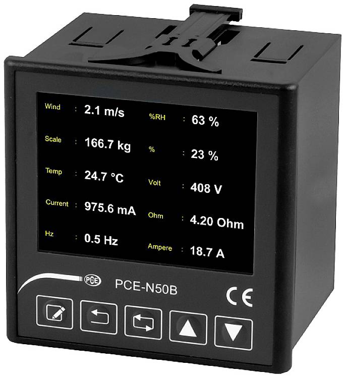 Schwarzes elektronisches Messgerät mit Display zeigt Windgeschwindigkeit, Gewicht, Temperatur, Spannung, Stromstärke, Widerstand und Frequenz.