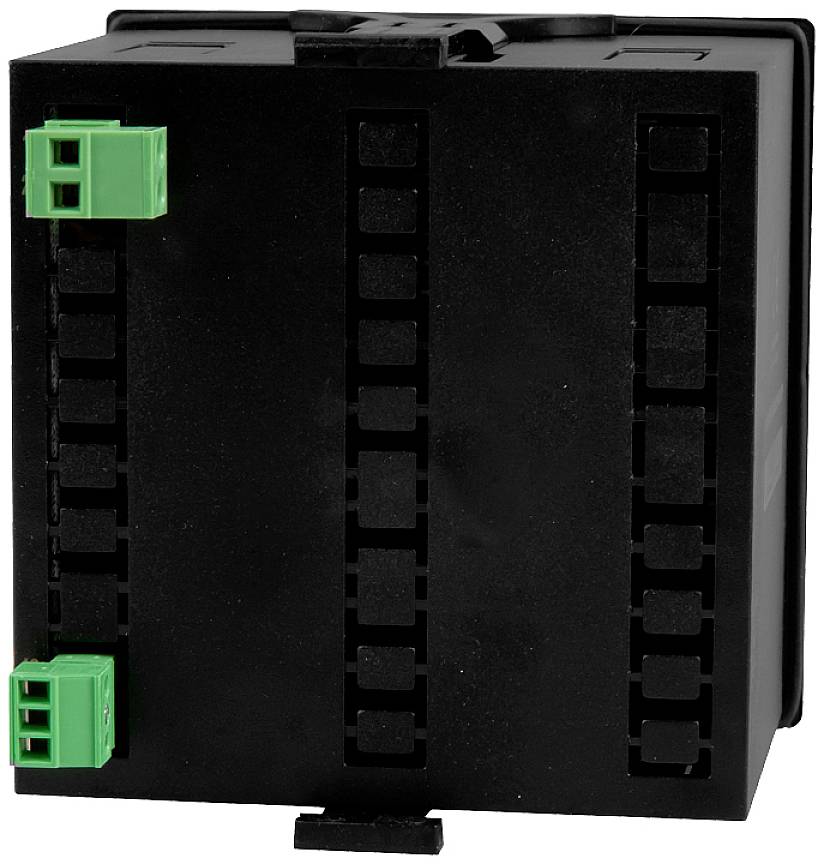 Schwarzer elektrischer Gehäusekasten mit grünen Anschlüssen an der Ober- und Unterseite, verwendet zur Verteilung elektrischer Verbindungen.