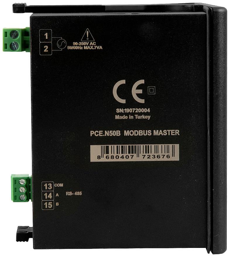 Elektronisches Gerät mit Aufschrift 'PCE.N50B MODBUS MASTER'. Es zeigt Anschlussklemmen und Symbole für Spannung und CE-Zertifizierung.