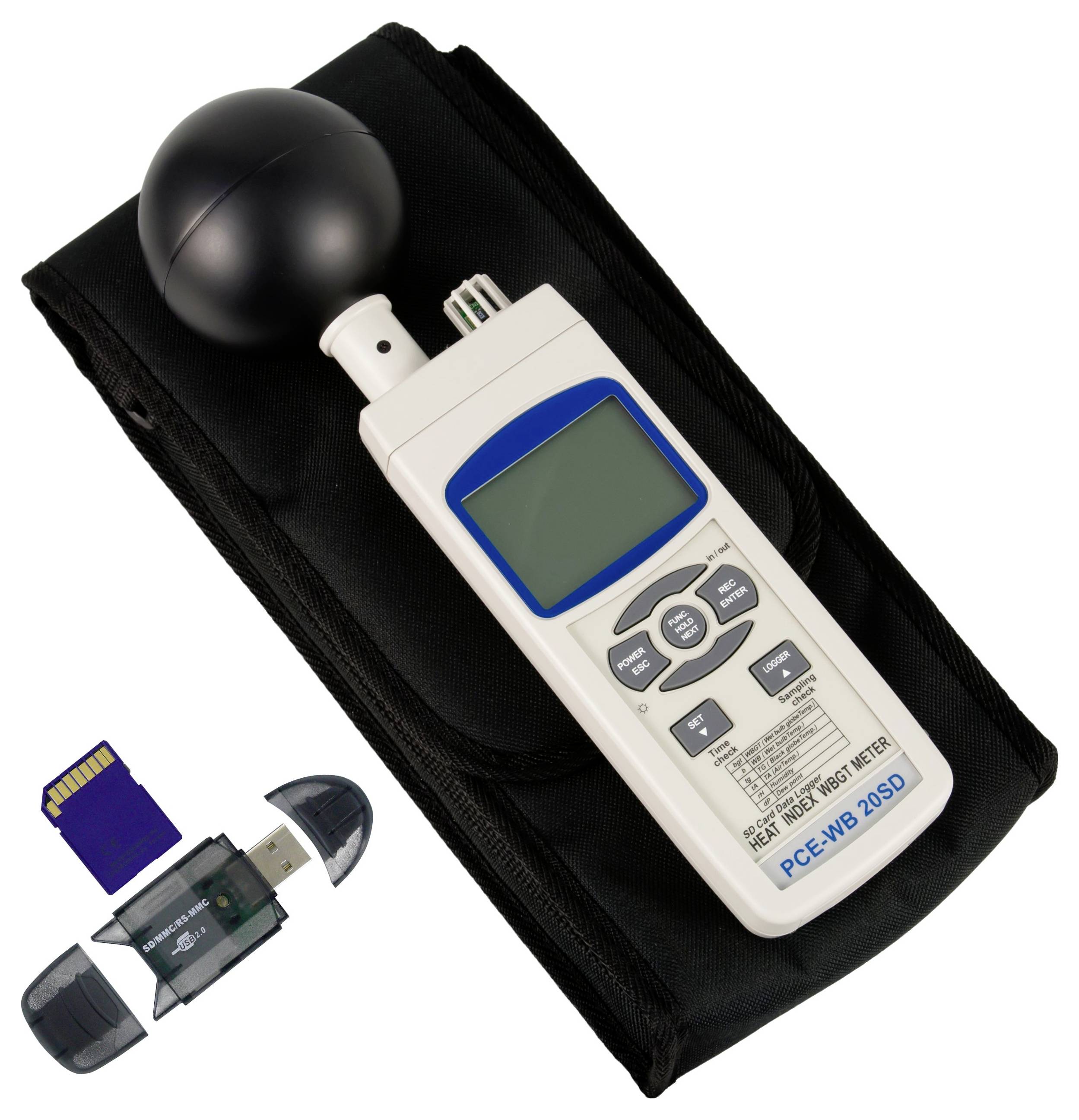 Tragbares Schallpegelmessgerät mit Windschutz und Transportkoffer, gezeigt mit USB-Kartenleser und SD-Kartenadapter.