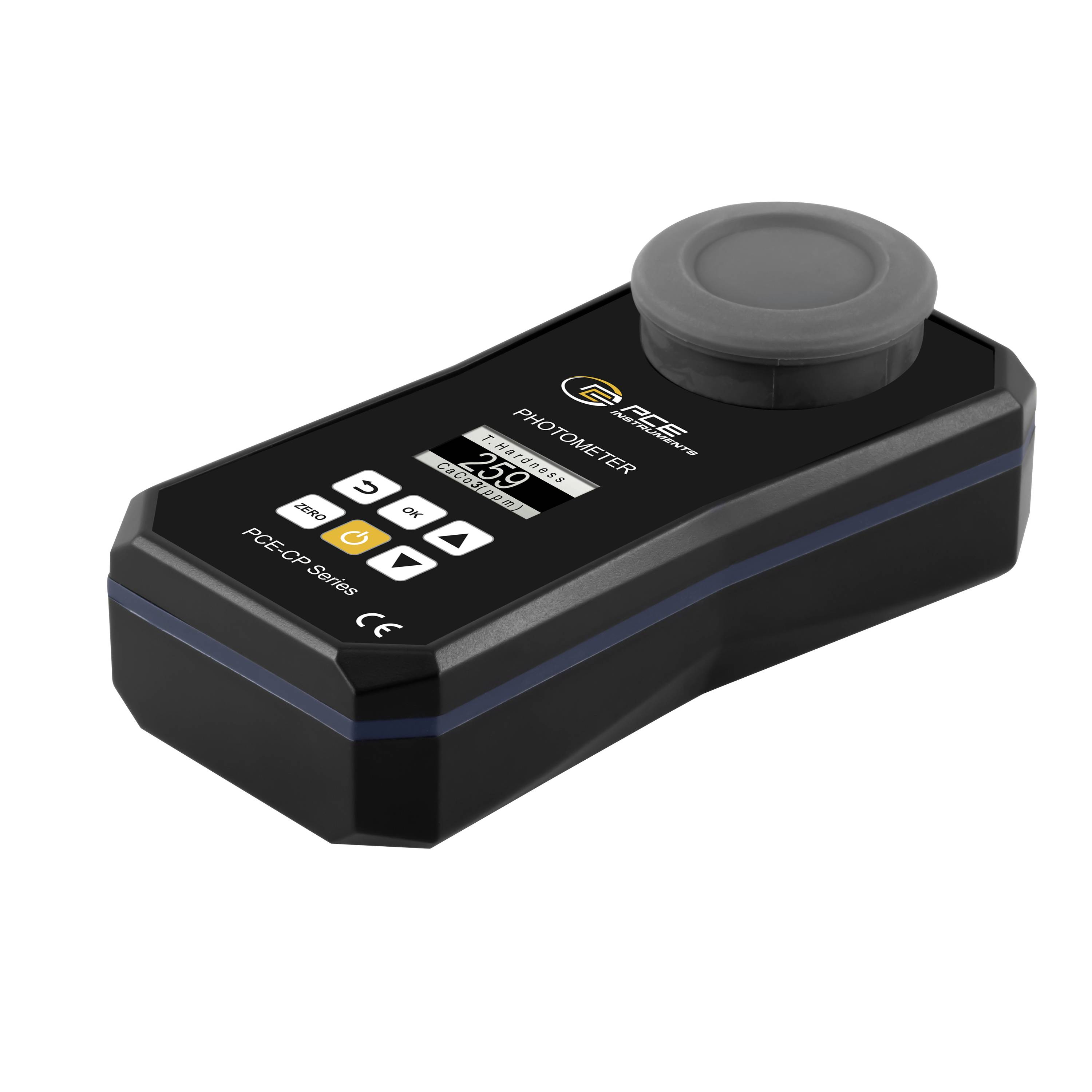 Schwarzes tragbares Photometer mit kreisförmiger Sensorkappung und kleinem Display/Tasten, dargestellt auf weißem Hintergrund.