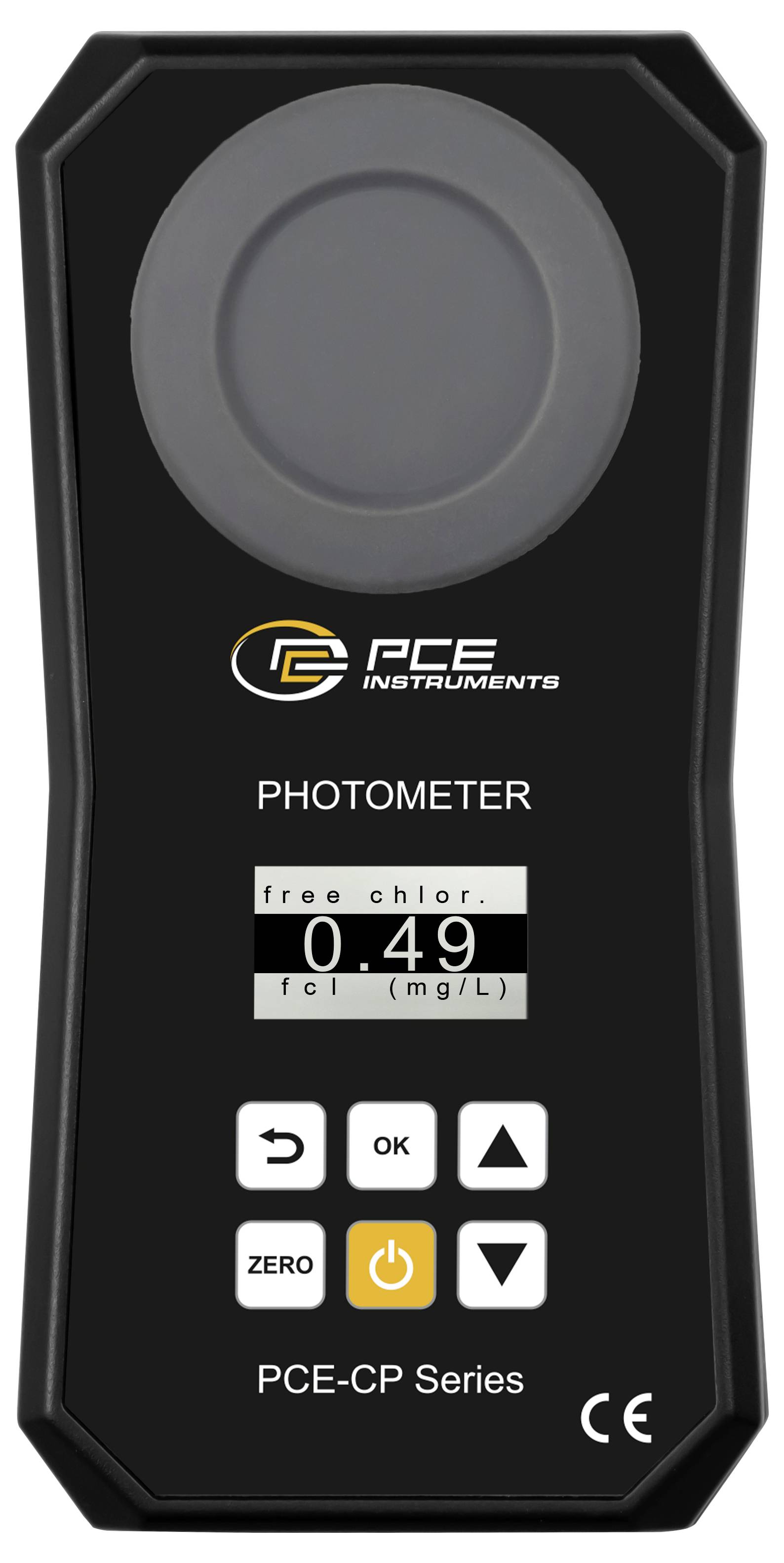 Tragbares PCE-Photometer mit einer Freichlor-Anzeige von 0,49 mg/L, mit Nulltaste, OK-Taste und Pfeiltasten.