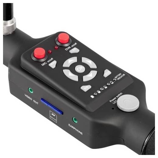 Tragbares schwarzes Audio-/Videosteuerelement mit roten MIC- und DVR-Tasten, Richtungstasten, Batterieladeanzeigen und Video-Out-/Kopfhöreranschlüssen.