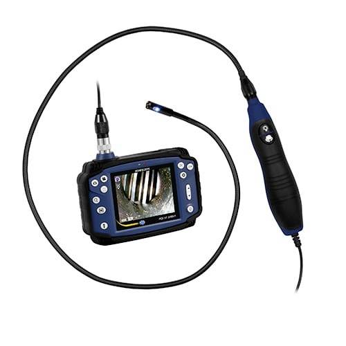 Tragbare Inspektionskamera mit flexibler Sonde, Anzeigebildschirm und angebrachtem Bediengriff zum Ansehen schwer erreichbarer Bereiche.