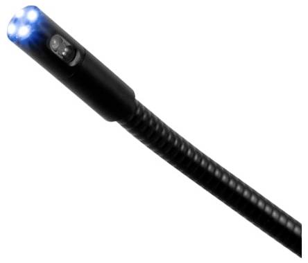 Schwarzes flexibles Endoskop mit leuchtender blauer Spitze auf weißem Hintergrund.