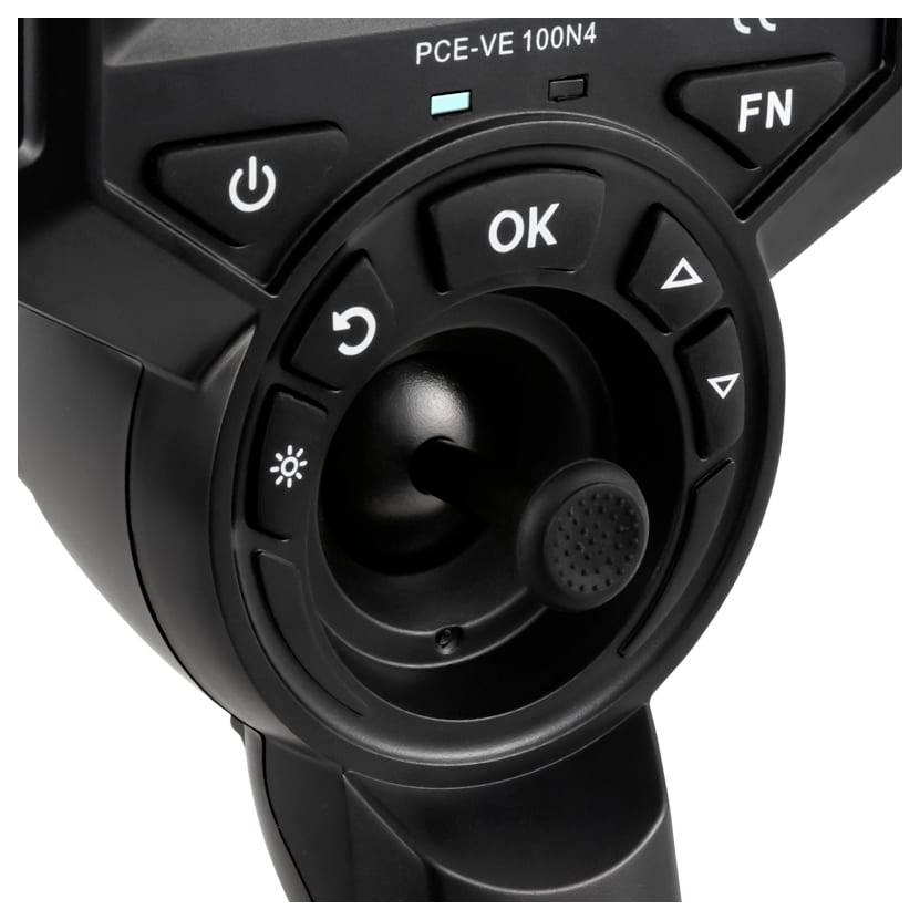 Nahaufnahme eines schwarzen Bedienfeld-Geräts mit Ein-/Ausschalter, OK-, FN- und Pfeiltasten sowie einem zentralen Joystick/Drehknopf mit der Bezeichnung „PCE-VE 100N4