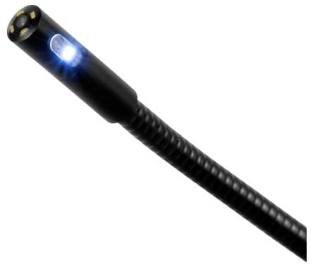 Schwarze flexible LED-Inspektionskamera mit beleuchteter Spitze auf weißem Hintergrund.