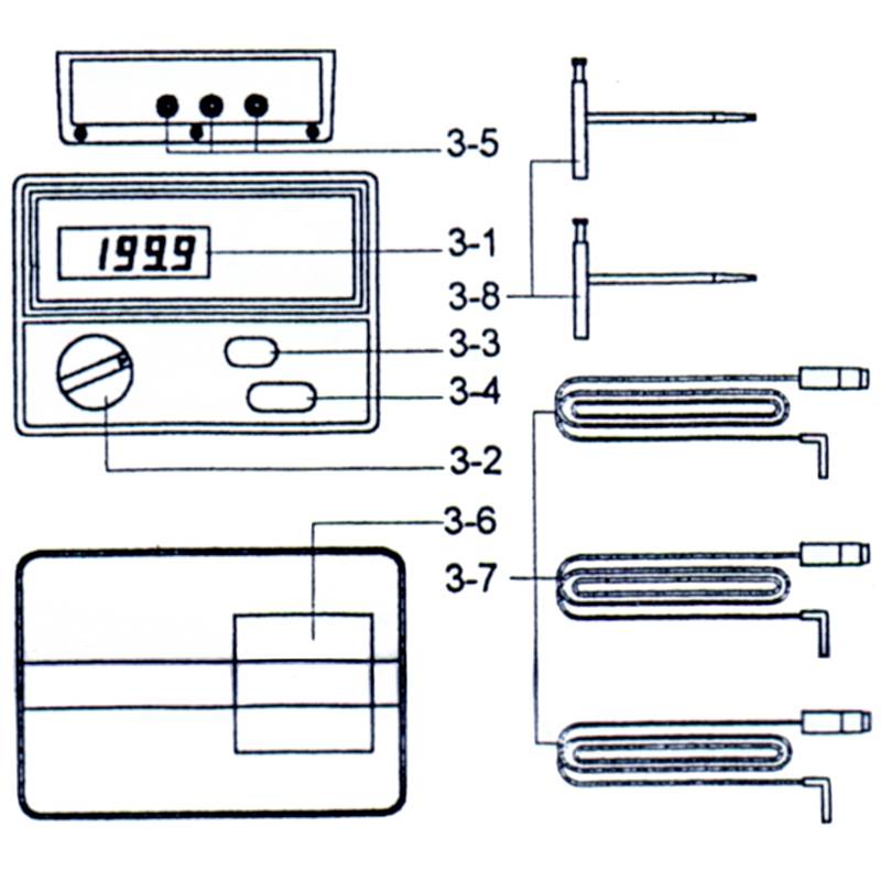 Diagramm eines elektrischen Geräts mit Bildschirm und drei Sonden. Bildschirm zeigt Zahl 1999. Verbindungspfeile von Sonden zu Gerät.