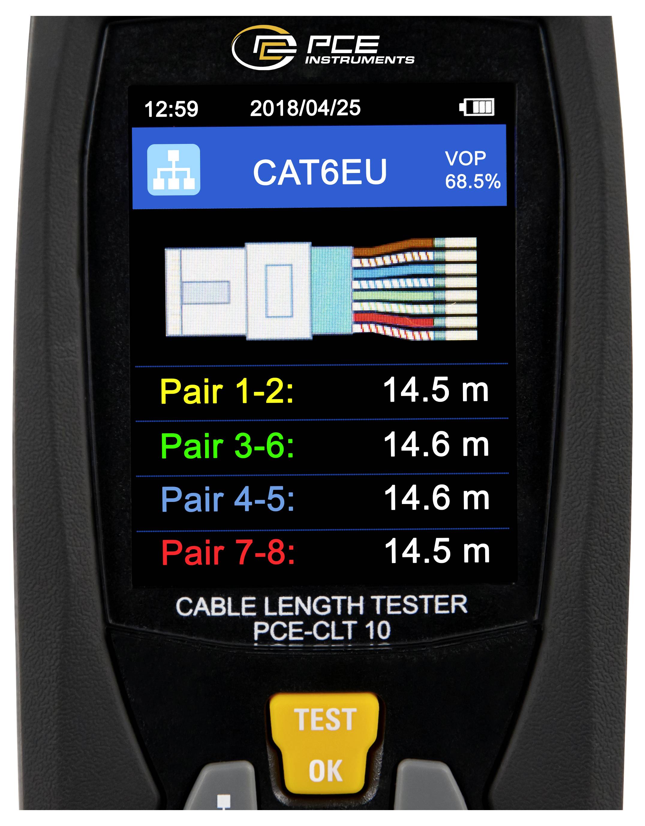 Handheld cable length tester display showing CAT6EU and VOP 68.5%, with pair lengths around 14.5 to 14.6 m for pairs 1-2, 3-6, 4-5, and 7-8.