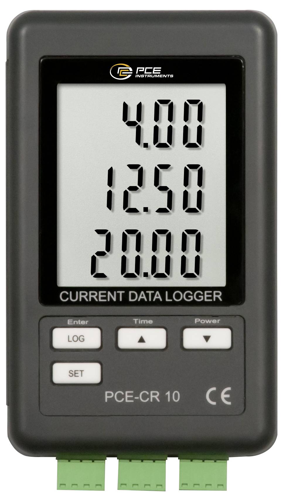 PCE-Cr 10 Datenlogger für Stromstärke mit drei Messwerten: 4,00, 12,50 und 20,00, mit den Tasten Log, Set, Time und Power.