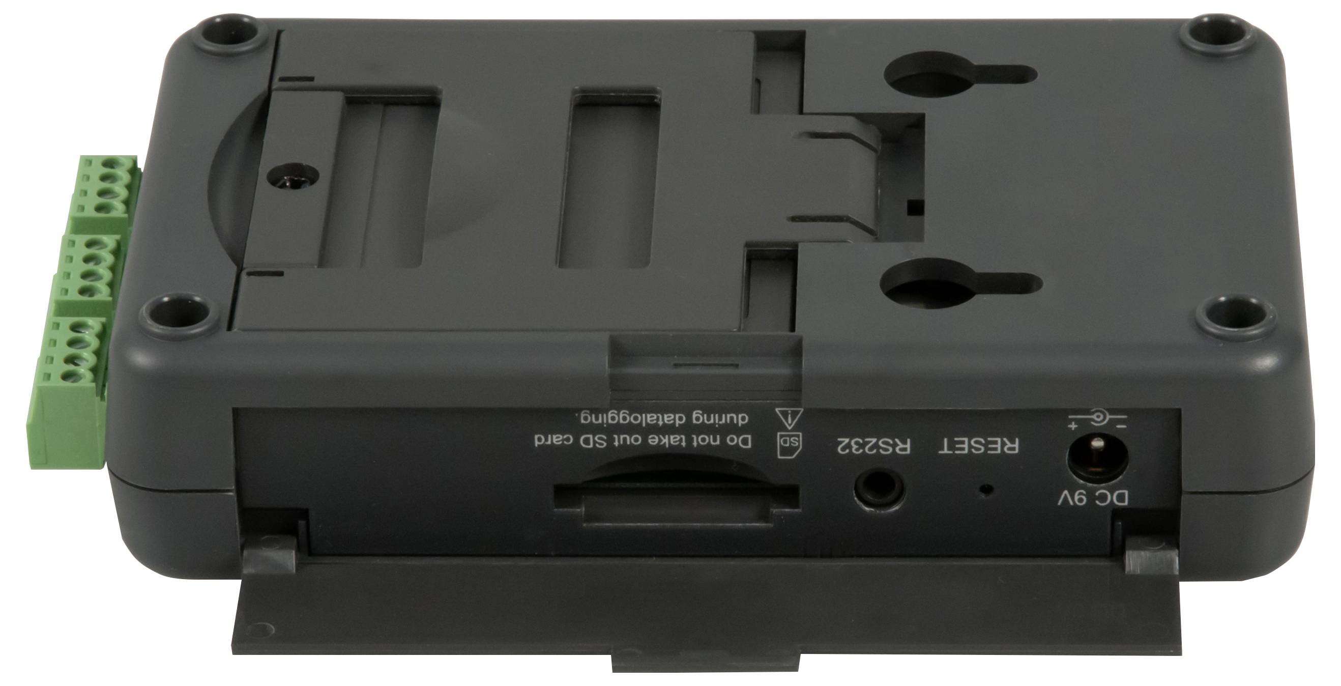 Schwarzes elektronisches Steuermodul mit grünen Schraubklemmen und gekennzeichneten Anschlüssen, dargestellt in einer detaillierten Produktansicht.