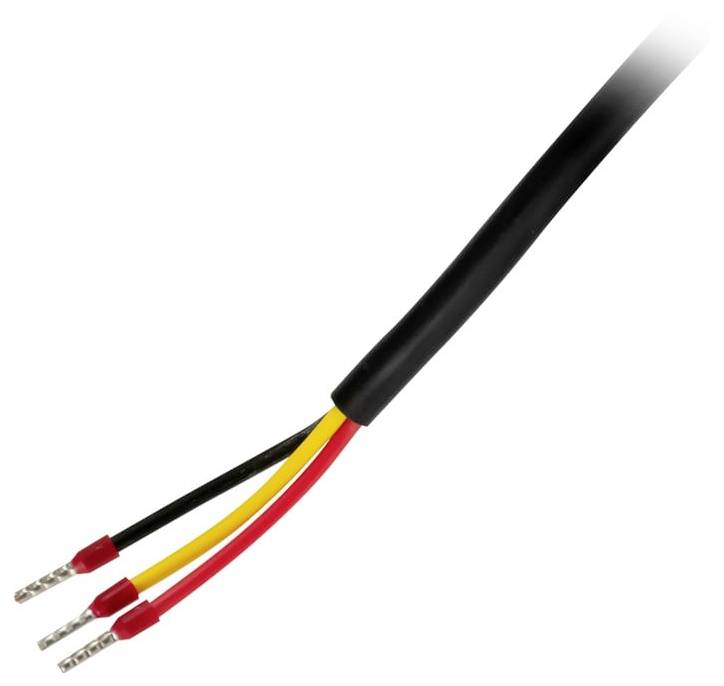 Schwarzes Kabel mit drei freiliegenden Drähten – schwarz, gelb und rot – mit Metallsteckern an den Enden.