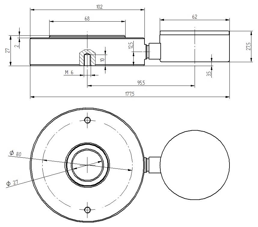 Technische Zeichnung eines runden mechanischen Teils mit einem verbundenen zylindrischen Griff, dargestellt in Seiten- und Frontansicht mit Abmessungen und Mittelpunktmarkierungen.