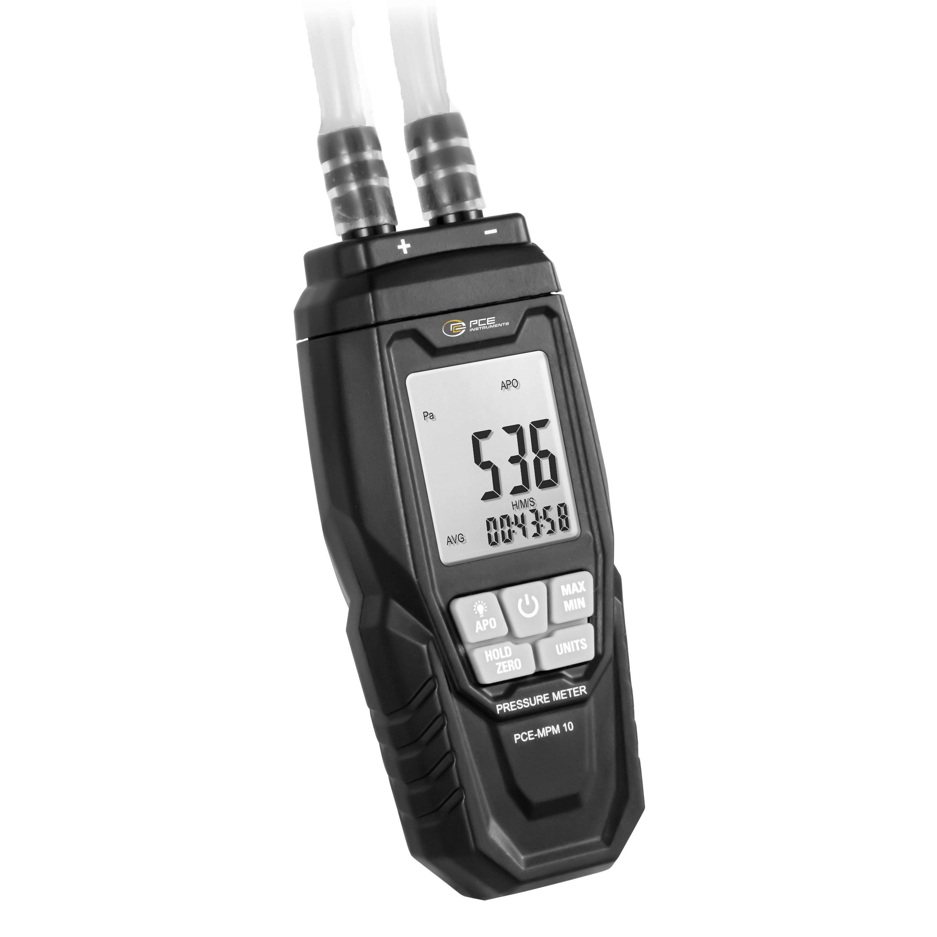 Handheld digital pressure meter with dual hoses, showing a reading of 5.36 on its display.