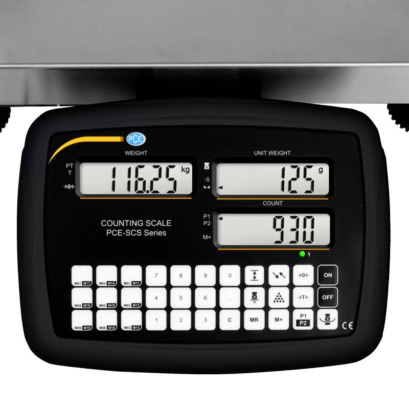Eine digitale Zählwaage zeigt das Gewicht von 116,25 kg und eine Stückzahl von 930 bei einem Stückgewicht von 125 g.