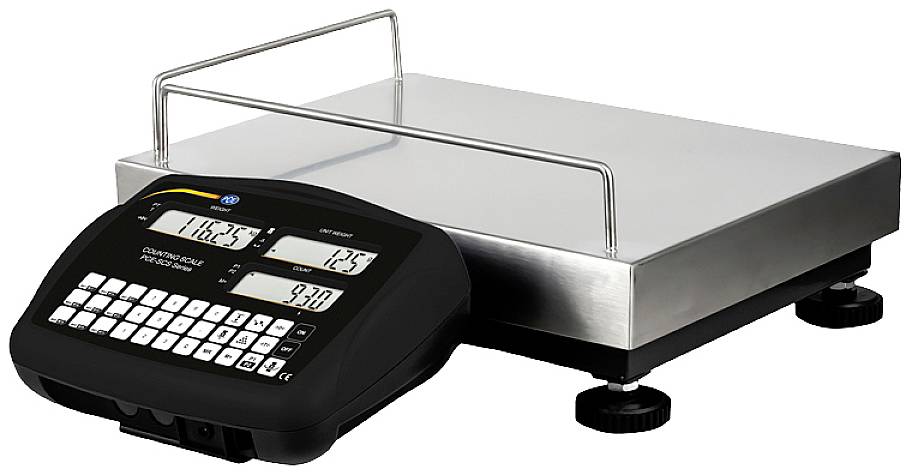 Eine digitale, elektronische Plattformwaage mit Stahlplatte und angeschlossenem Tastenfeld mit Display zur Gewichtsanzeige.