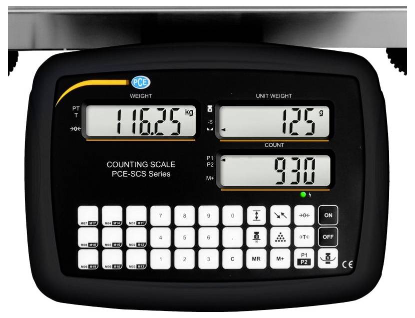 Digitale Zählwaage zeigt ein Gewicht von 116,25 kg, Stückgewicht 125 g und Anzahl 930.