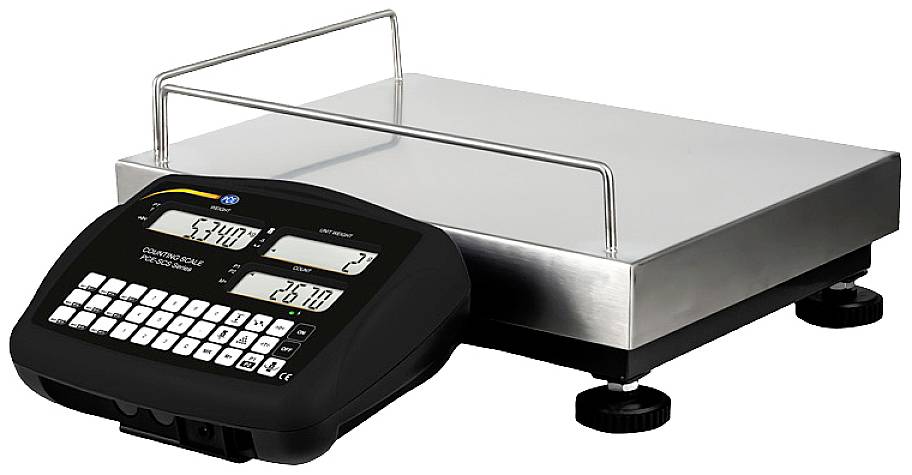 Digitale Waage mit numerischem Display und Tastenfeld, zeigt Gewicht und Preis an. Geeignet für präzises Wiegen und Berechnungen.