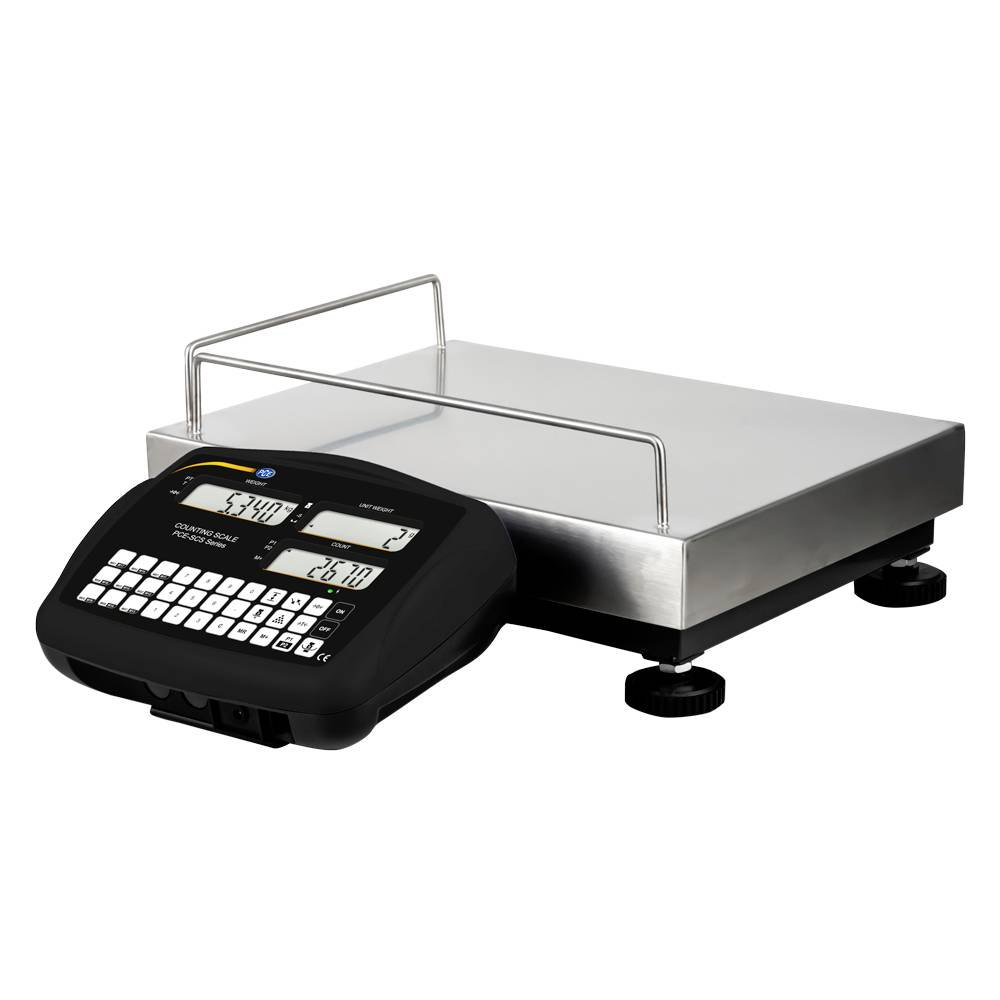 Digitale Bankwaage mit Edelstahlplattform, Griff und Tastenfeld-Display mit Gewichtsanzeige.