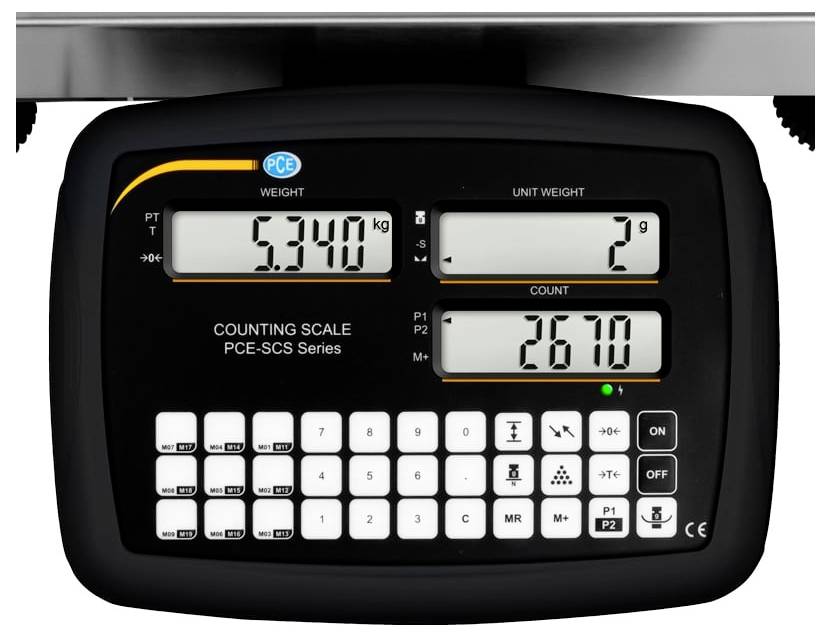 Digitale Zählerwaage zeigt ein Gewicht von 5.340 kg, Stückgewicht 2 g und Anzahl 2670 auf einer PCE-Zählerwaage an.
