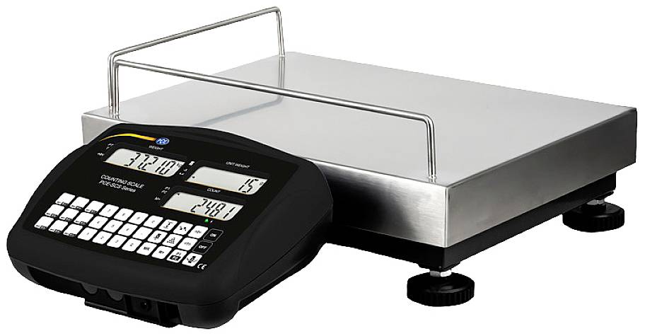 Industriewaage mit digitalem Display und Bedientastatur, zeigt Messungen in Gramm an. Plattform aus Edelstahl, justierbare Füße.