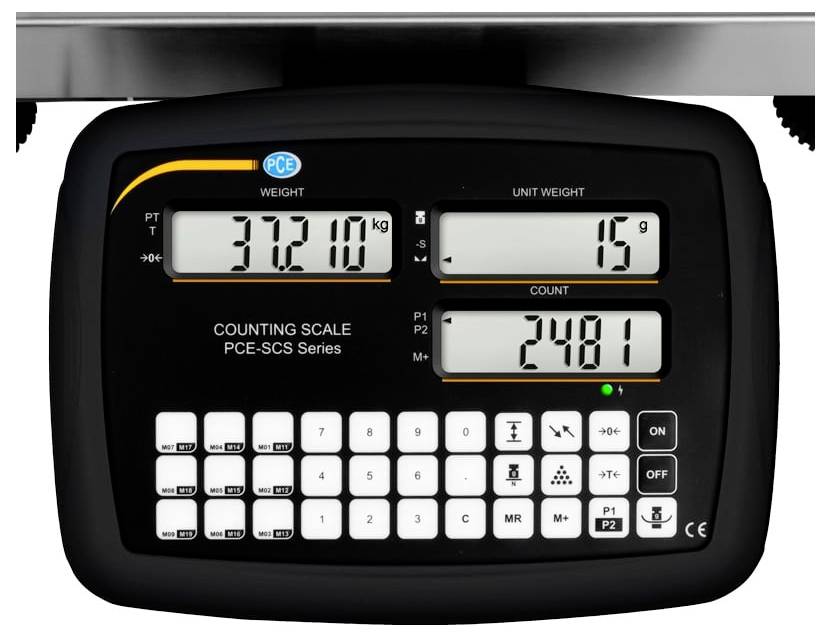 Digitale Zählwaage mit Display zeigt Gewicht 37,210 kg, Einheitsgewicht 15 g und Anzahl 2481, mit Tastaturbedienelementen darunter.