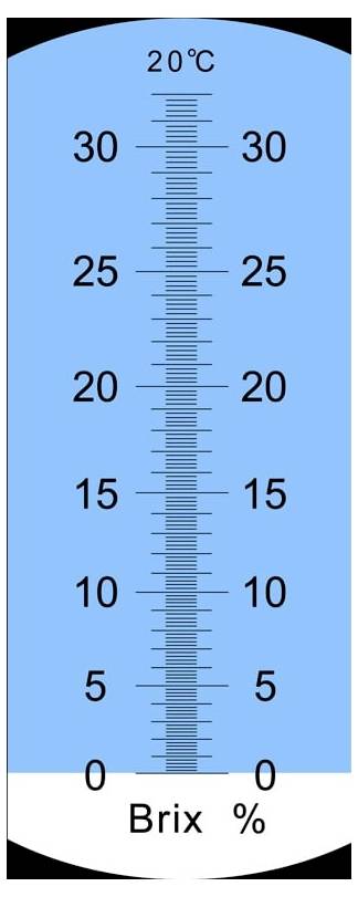 Blau gefärbte Refraktometerskala zeigt Brix % von 0 bis 30, mit Temperaturangabe 20°C oben.