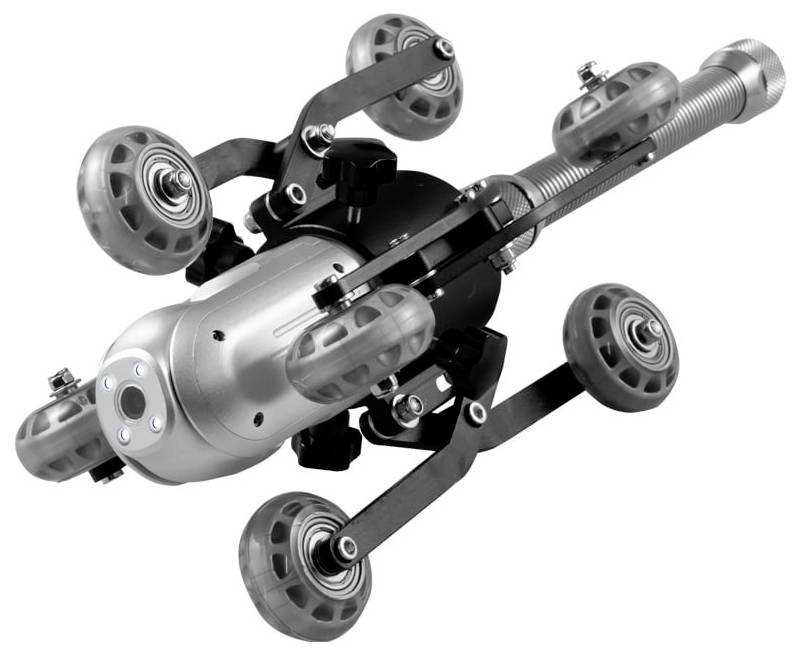 Draufsicht auf ein Rad-Robotergerät mit sechs Rädern, einem Metallgehäuse und einem verlängerten Gewindebolzen oder Arm.