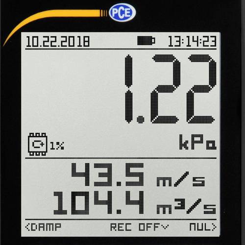 Digitales Display zeigt Datum '10.22.2018', Uhrzeit '13:14:23', Druck '1.22 kPa', Ladezustand '1%', Geschwindigkeit '43.5 m/s', Volumenstrom '104.4 m³/s'.