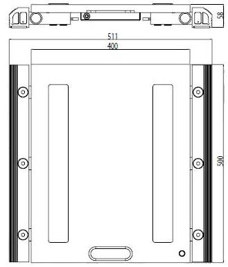 Technische Zeichnung eines rechteckigen Geräts mit Maßen: 511 mm Breite, 550 mm Höhe. Obere Ansicht zeigt Befestigungspunkte.