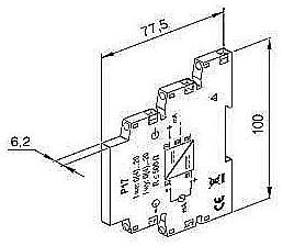 Technische Zeichnung einer Schaltanlage oder eines elektrischen Moduls, die eine 77,5 x 100 mm Seitenansicht mit Montage- und Anschlussdetails zeigt.