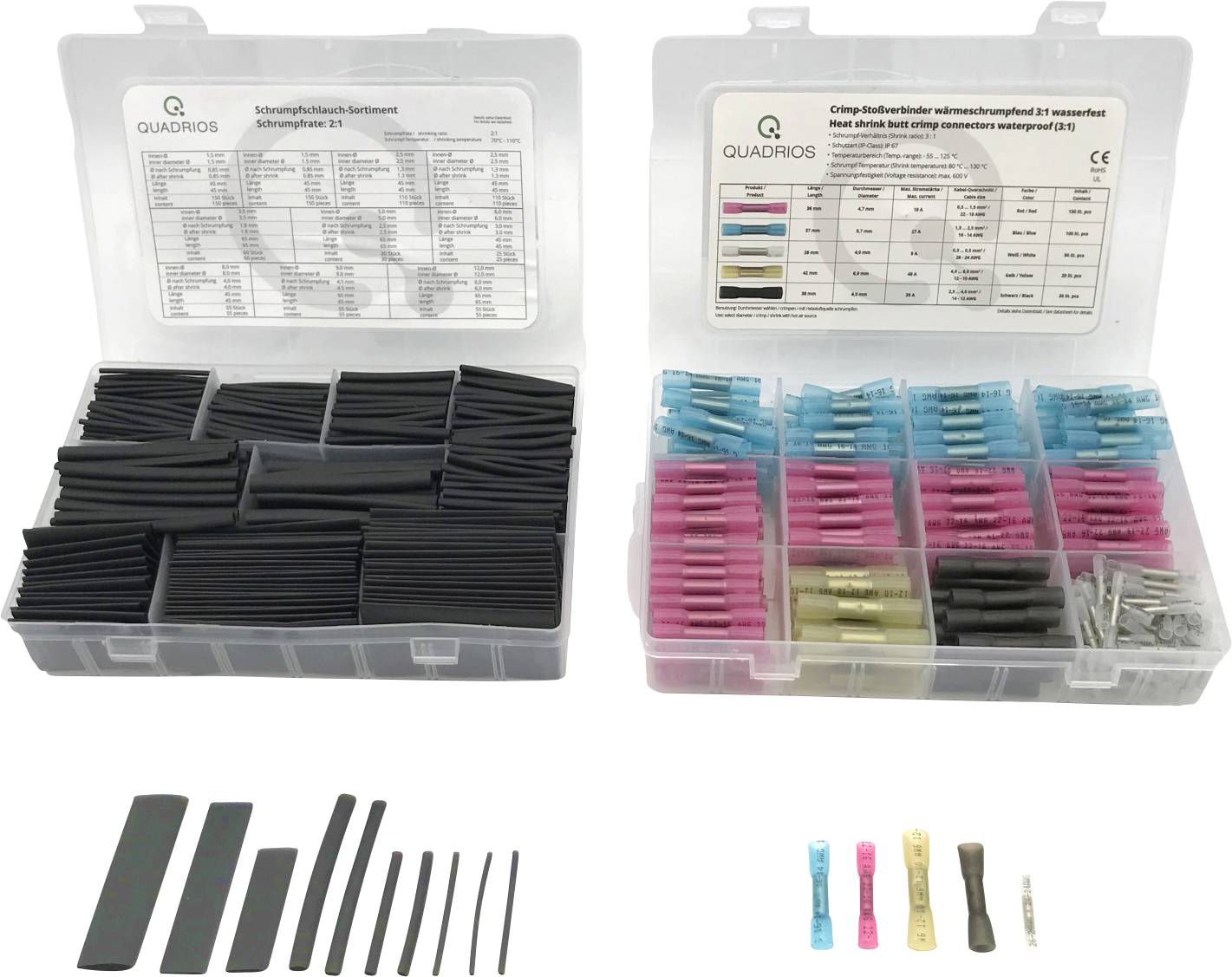 Zwei geöffnete Kunststoffboxen: Links enthält Schrumpfschläuche in verschiedenen Größen. Rechts enthält isolierte Verbindungsklemmen in verschiedenen Farben.
