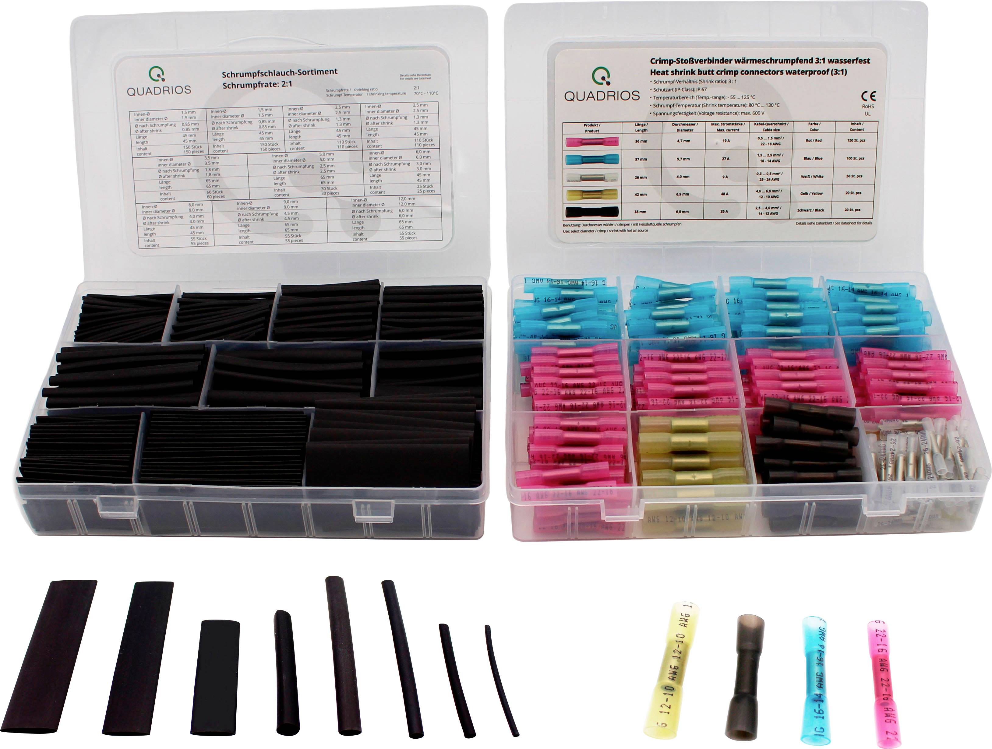 Teil des Bildes: Zweiteiliges Set mit Schrumpfschläuchen und Kabelverbindern. Farblich sortiert, mit offenem Deckel für Übersicht.