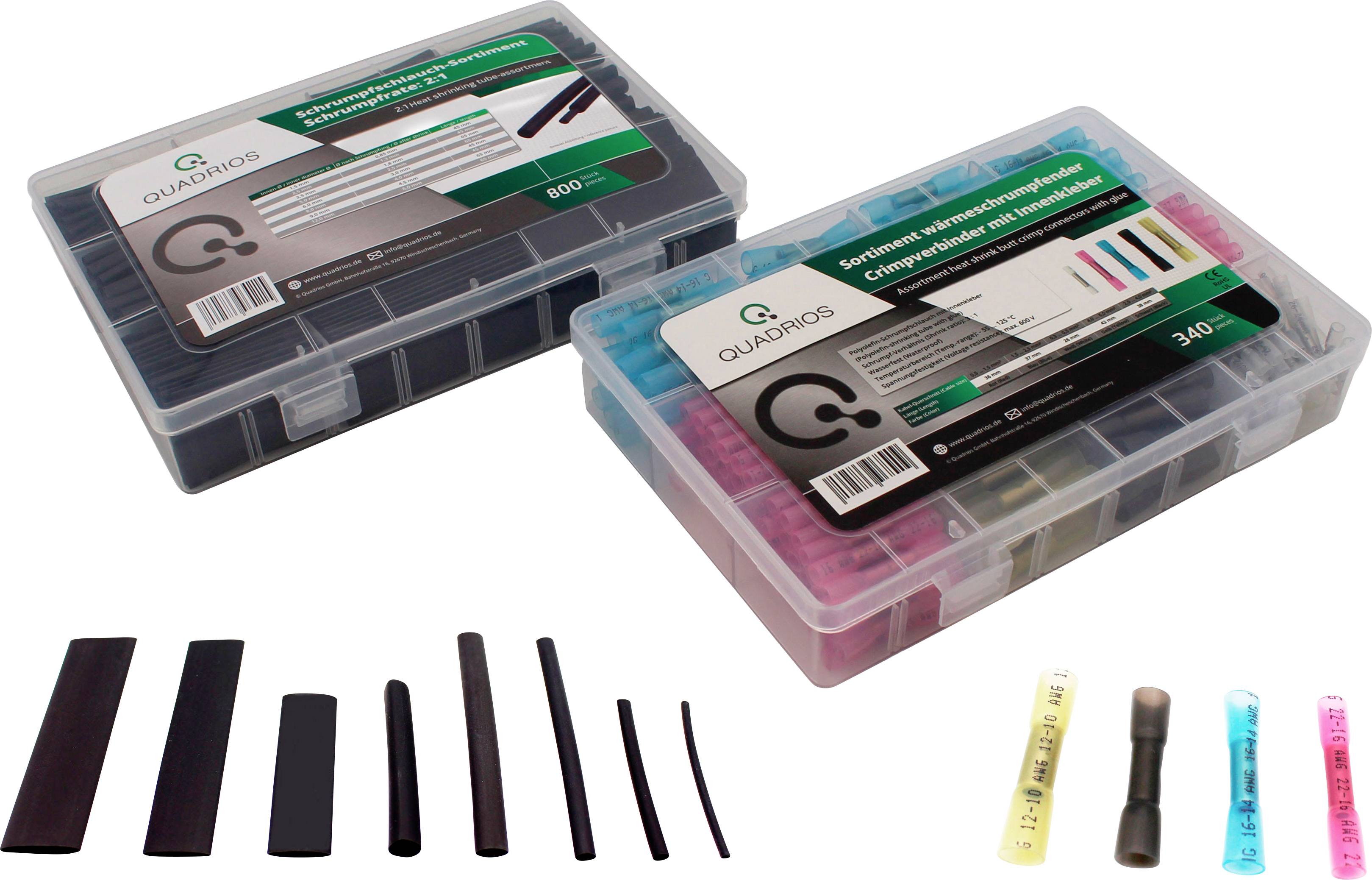 Zwei Kunststoffboxen mit Sortimentskasten für Schrumpfschläuche und Kabelverbinder, darunter verschiedene farbige Schrumpfschläuche.