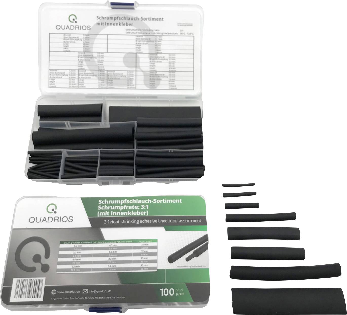 'Schrumpfschlauch-Sortiment' in Kunstoffbox mit 3:1 Schrumpfrate, Innendurchmesser 3-20 mm. Ideal für Kabelisolierung und Reparaturen.