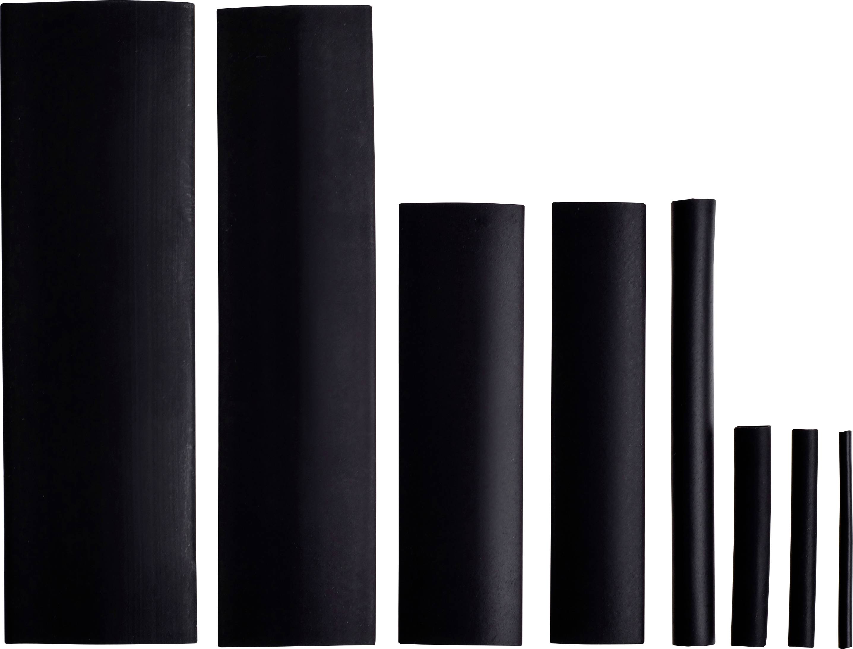 Acht schwarze Zylinder in absteigender Größe von links nach rechts auf weißem Hintergrund.