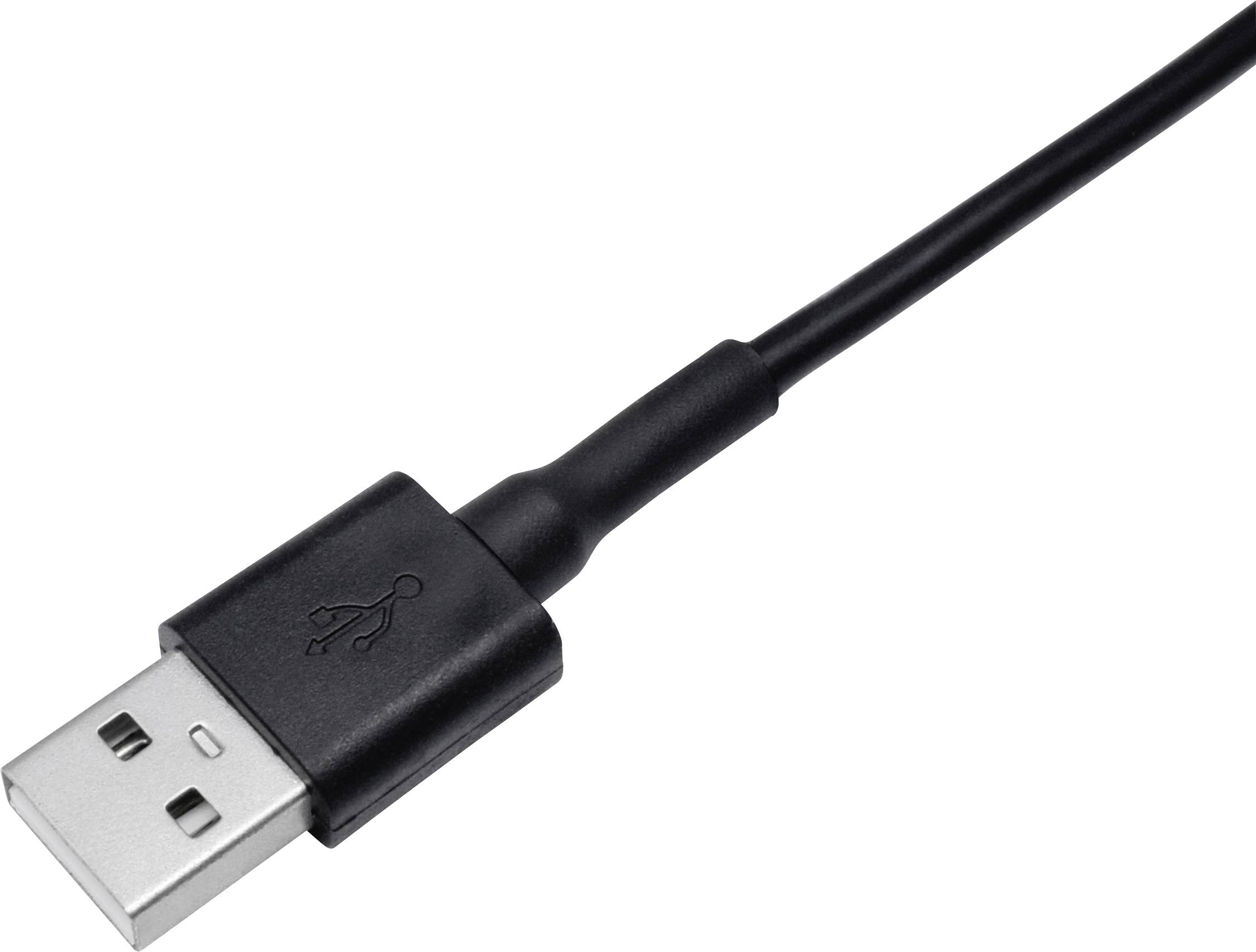 Schwarzes USB-Kabel mit rechteckigem Stecker. Das Kabel wird zum Anschließen von Geräten an Computer oder Ladegeräte verwendet.