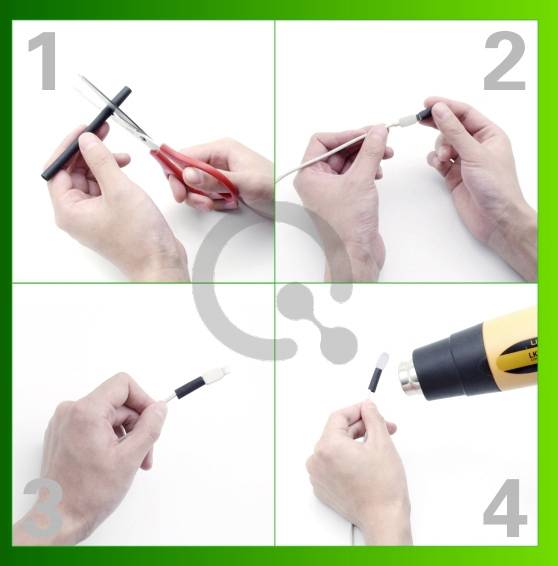 Anleitung zur Kabelreparatur: 1. Isolierung entfernen. 2. Schrumpfschlauch schieben. 3. Im Schrumpfschlauch positionieren. 4. Mit Heißluft fixieren.