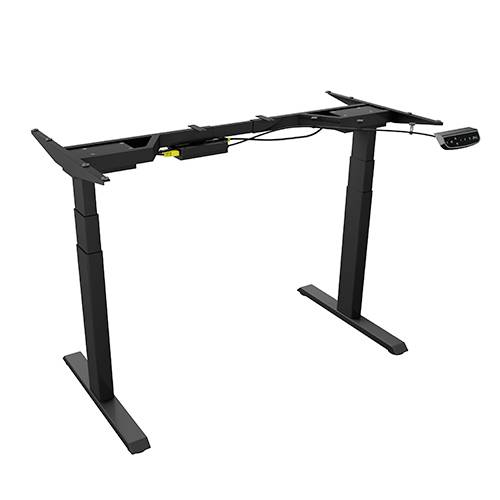 Höhenverstellbares Tischgestell mit zwei robusten Beinen und einer Steuerungseinheit für ergonomisches Arbeiten im Stehen und Sitzen.